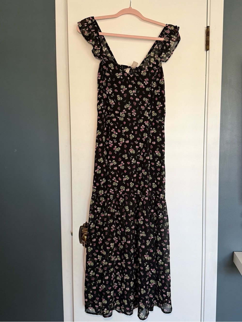 Divided H&M Black Floral Maxi Dress with Ruffle Straps